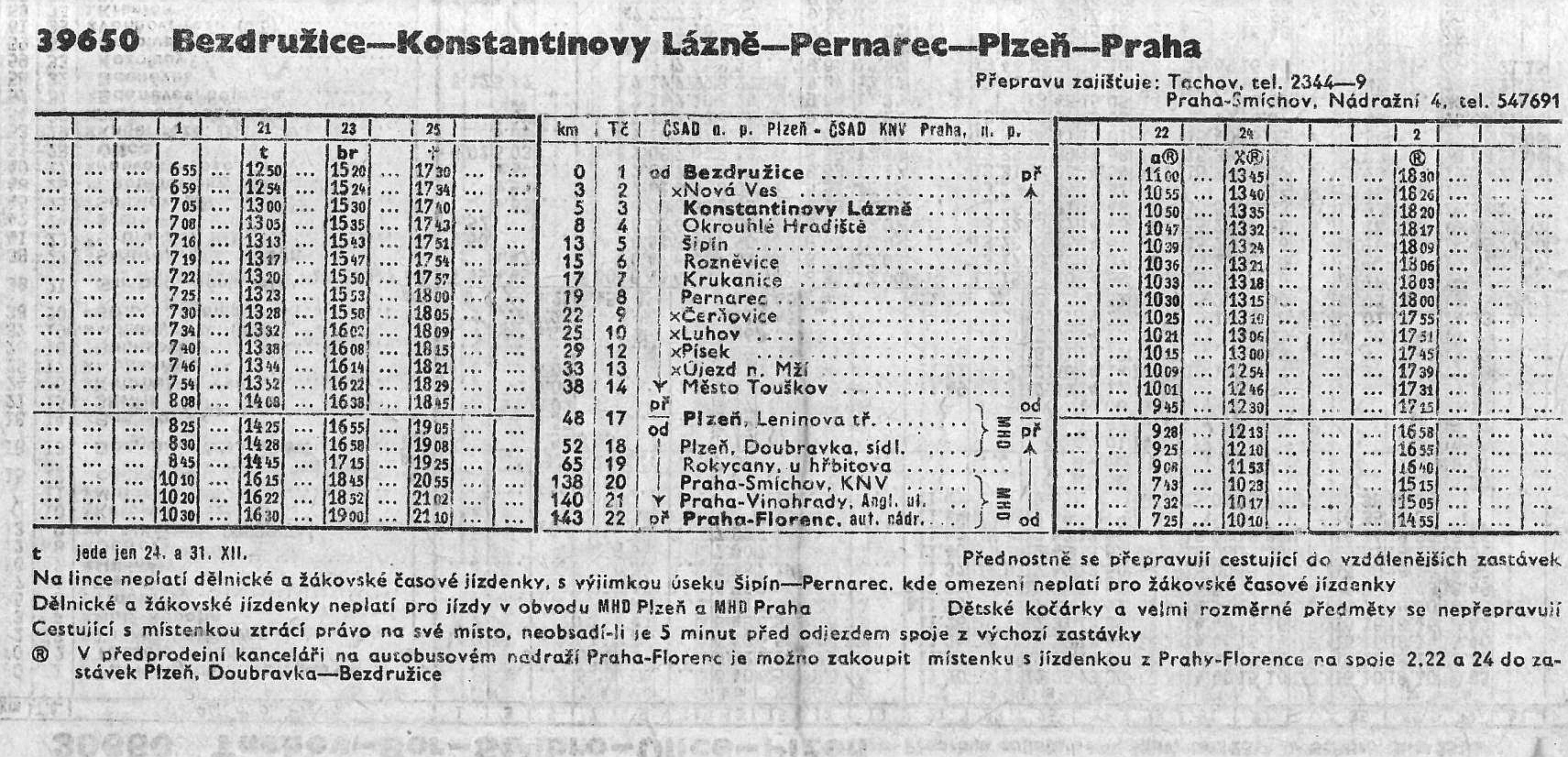 První autobusový jízdní řád dálkové linky Bezdružice-Plzeň-Praha z roku 1977.