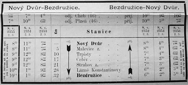 Jízdní řád na lokálce do Bezdružic z roku 1901.