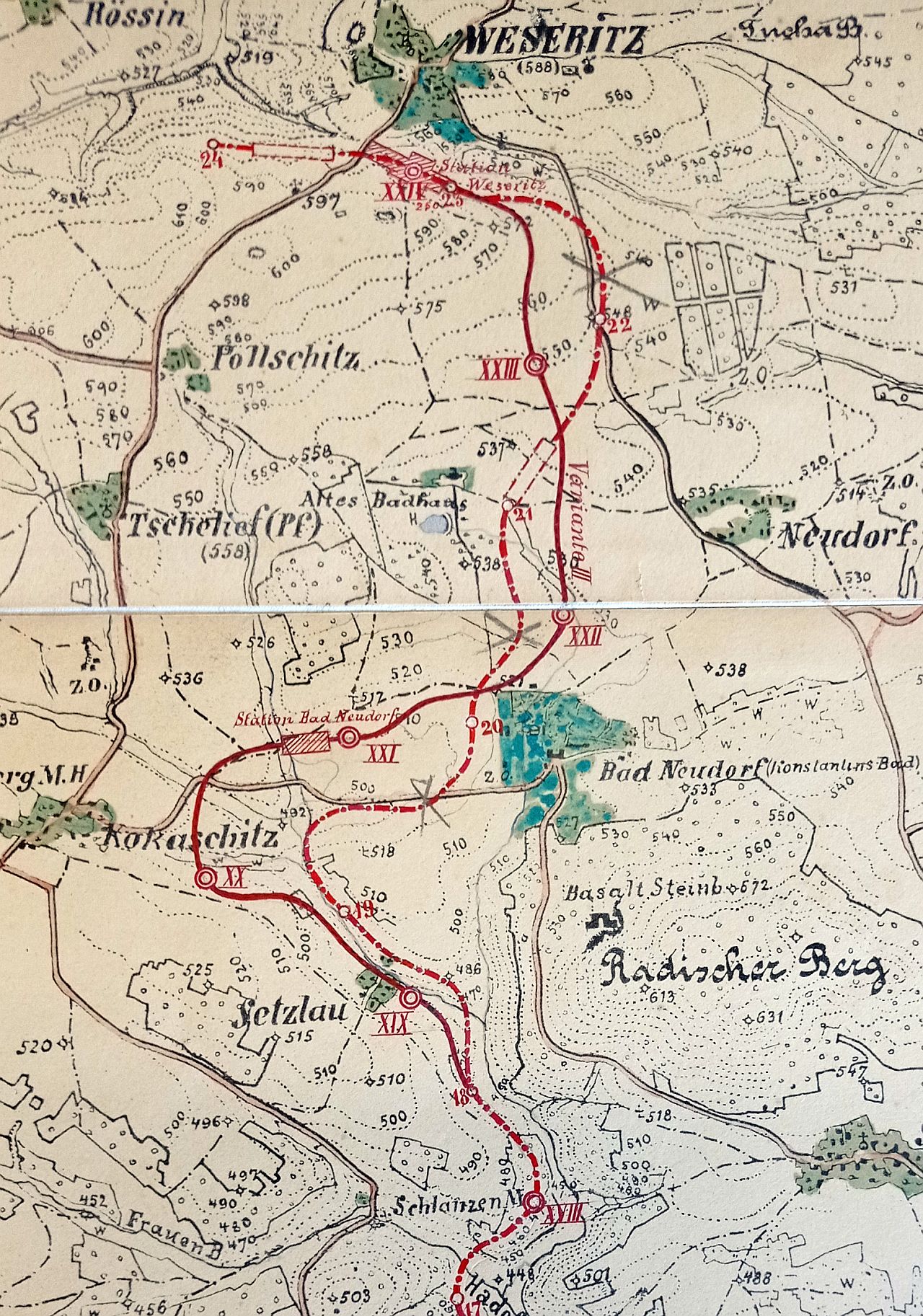 Uvažovaná variantní trasa železnice z roku 1893 mezi Břetislaví a Bezdružicemi. 