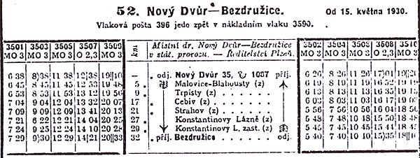 Jízdní řád na lokálce do Bezdružic z roku 1930, prvního roku s provozem motorových vozů. Zatímco smíšenému parnímu vlaku trvala cesta 90 minut, motoráku k tomu stačilo ve směru z Bezdružic do Nového Dvora pouhých 46 minut. Jízdní doba se pak nezměnila po celých následujících 60 let!